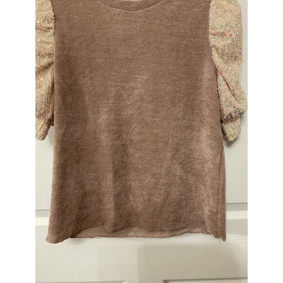 THML Short Gathered Puff Sequin Sleeve Brown Chenille Sweater , S - Picture 3 of 6